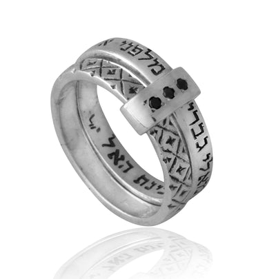 Guardian Angels Silver Ring with Silver Sleeve Black Diamonds Detail - HA'ARI JEWELRY